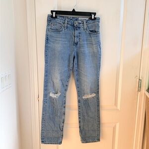 AG high rise straight crop The Isabelle distressed cotton jeans light blue